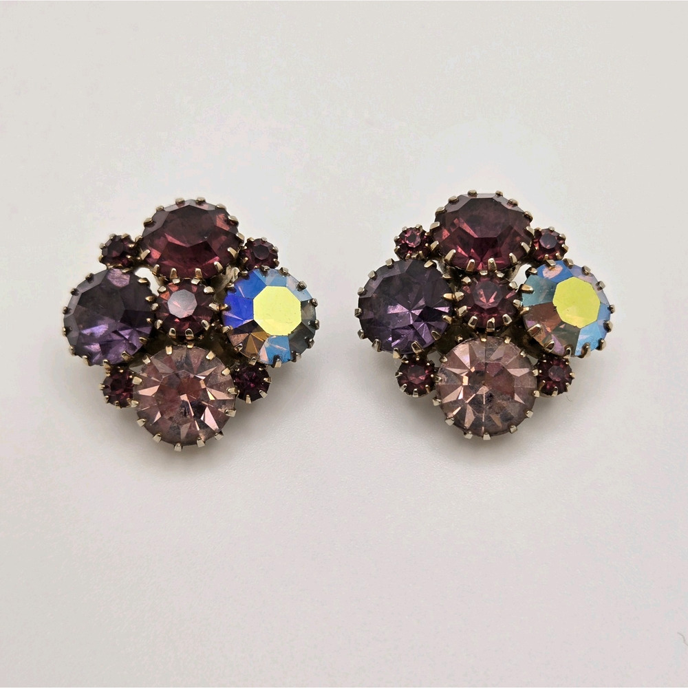 Vintage Earrings Purple Rhinestone Clip Ons Midcentury Glam Retro Cocktail Twee